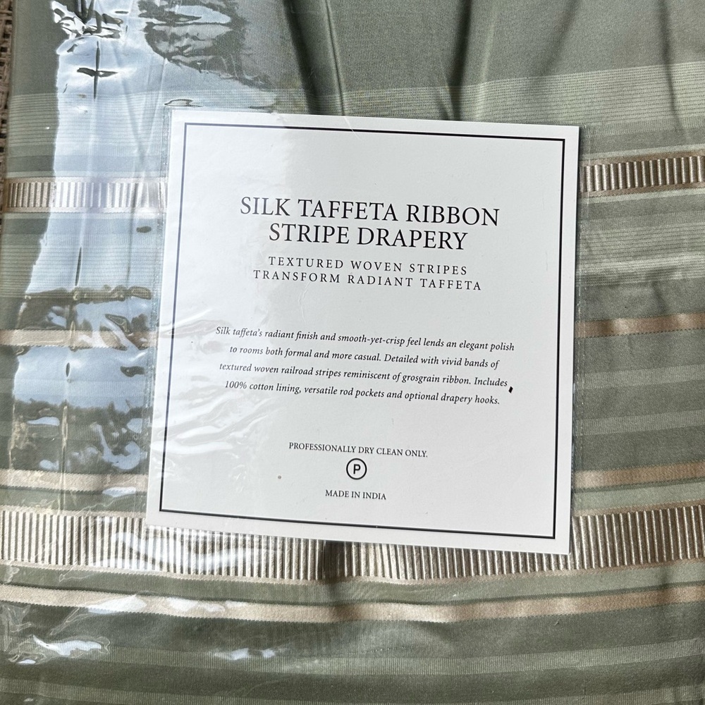 Restoration Hardware Silk Taffeta Ribbon Stripe Drapery in Green and Cream